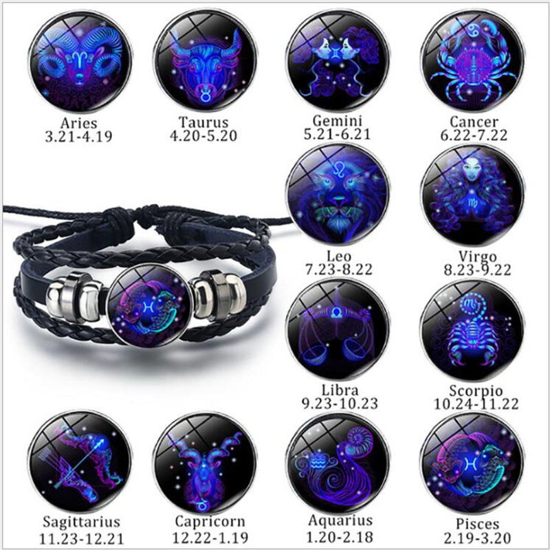 Glow in the Dark Zodiac Constellation Bracelet – 12 Sign Luminous Braided Wristband for All Ages